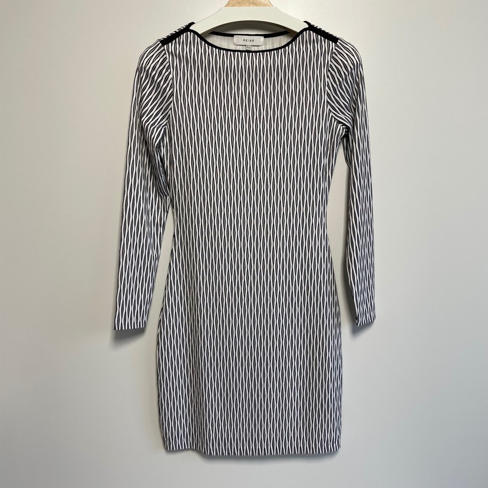 Reiss Geometric Print‎ Long Sleeve Sheath Bodycon Dress Black White Size 0